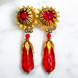 HUGE Vintage Robert Rose Brushed Gold Tone Floral Clip On Statement Earrings 3”+